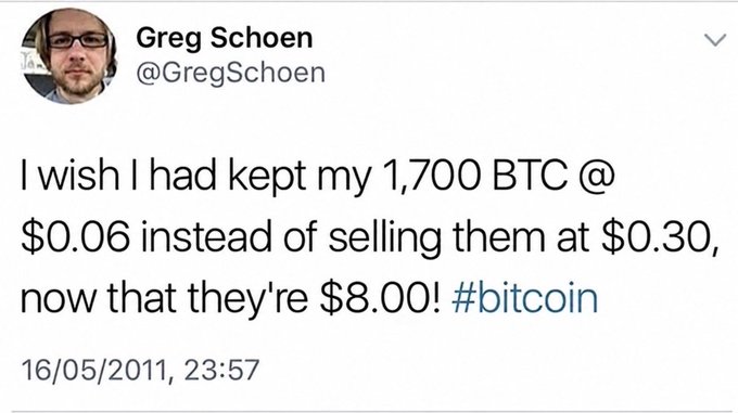A tweet from Greg Schoen (@GregSchoen) dated 16/05/2011 reading: "I wish I had kept my 1,700 BTC @ $0.06 instead of selling them at $0.30, now that they're $8.00! #bitcoin"