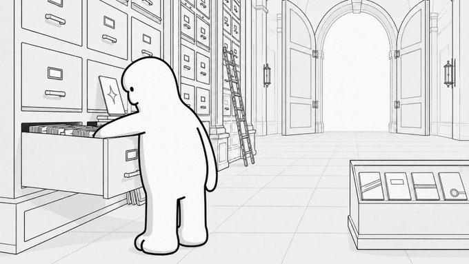 A simple line-drawn character searches through filing cabinets in an archive room, presumably looking for contest results. The image relates to the post about the Creation Contest results going live, with the character symbolizing contributors checking to see what their participation unlocked.