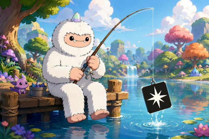 A whimsical digital illustration of a fluffy white yeti-like character fishing from a wooden dock in a colorful fantasy landscape, with a black and white star-shaped icon hanging from the fishing line.
