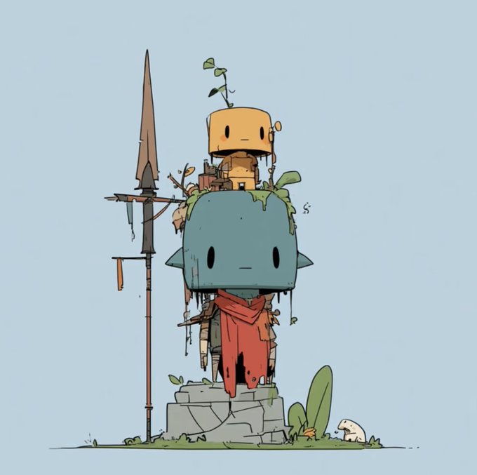 An artistic illustration of a stack of characters from the Binding of Isaac video game, including a blue-headed figure, a yellow box-headed character with a plant sprouting from its head, standing on stone blocks with a small white creature nearby.