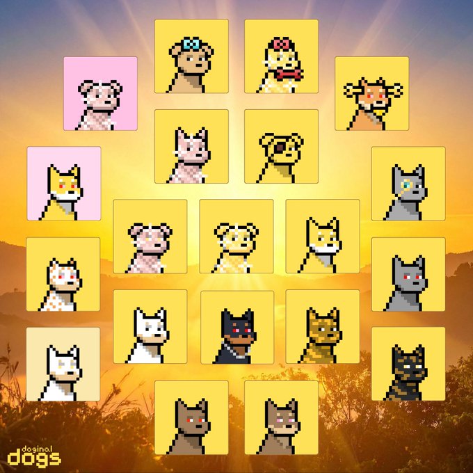 A pixel art poster titled 'dogs' displays a collection of various pixelated dog and cat characters in individual yellow and pink frames against a sunset savanna background, credited to 'dosinol'.