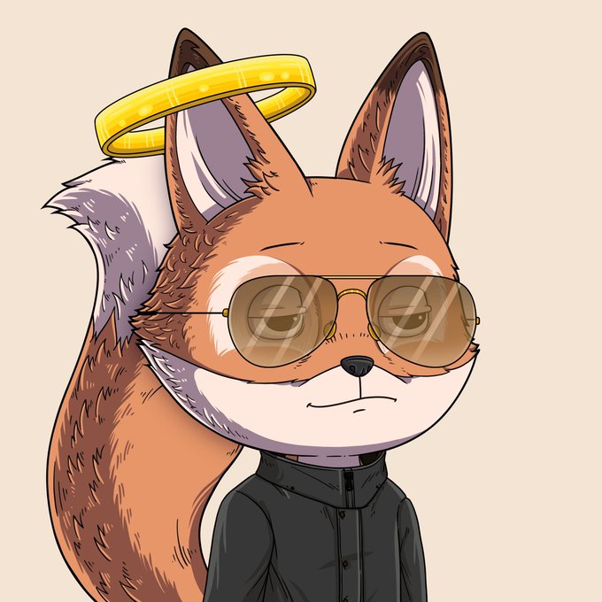 An anime-style illustration of an anthropomorphic fox character with orange fur, wearing aviator sunglasses, a black jacket, and a golden halo above its head.
