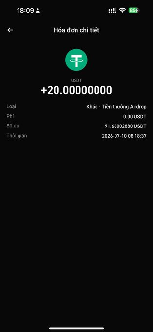A mobile screenshot in Vietnamese ('Hóa đơn chi tiết') detailing a USDT transaction of '+20.00000000' categorized as an airdrop ('Tiền thưởng Airdrop'), with a fee of 0.00 USDT, a balance of 91.66002880 USDT, and a timestamp of 2026-07-10 08:18:37.