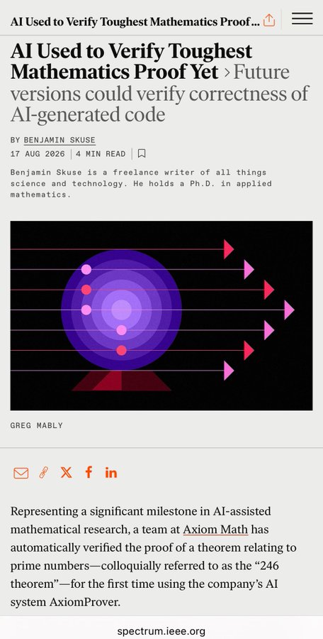 An article titled 'AI Used to Verify Toughest Mathematics Proof Yet' by Benjamin Skuse, reporting on Axiom Math using their AxiomProver AI system to automatically verify the proof of the '246 theorem' related to prime numbers.