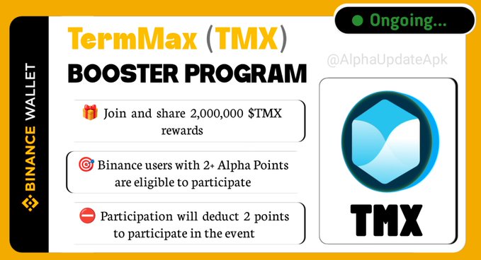 A promotional graphic announces the "TermMax (TMX) Booster Program" on Binance Wallet, highlighting a reward pool of 2,000,000 $TMX and noting that participation requires 2+ Alpha Points and costs 2 Alpha Points, with the post further breaking down rewards into a 1,700,000 $TMX Lucky Draw for 80,000 winners and a 300,000 $TMX Binance Square portion.