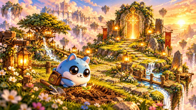 An adorable blue cartoon cat with a tiny backpack digs in a lush fantasy garden while a golden doorway glows on a floating island behind it.