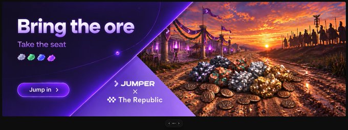 A promotional banner reading 'Bring the ore - Take the seat' featuring a collaboration between JUMPER and The Republic with a 'Jump in' button.