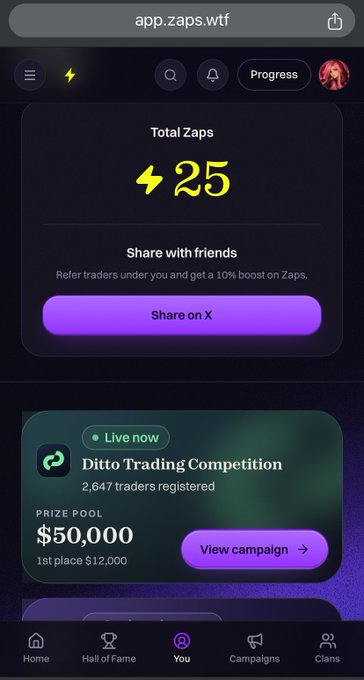 A screenshot of the app.zaps.wtf interface showing 25 Total Zaps, a 'Share on X' button, and a 'Ditto Trading Competition' with a $50,000 prize pool and 2,647 traders registered.