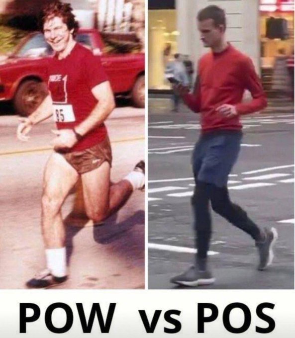 A split image contrasts two running scenes with the caption "POW vs POS" at the bottom—the left shows a smiling vintage runner in a red shirt and brown shorts with bib "35," while the right features a modern jogger in a red sweater, gray shorts, and leggings checking his phone, humorously highlighting the "before" vs. "after" mindset behind the post's quip, "I know who to choose."
