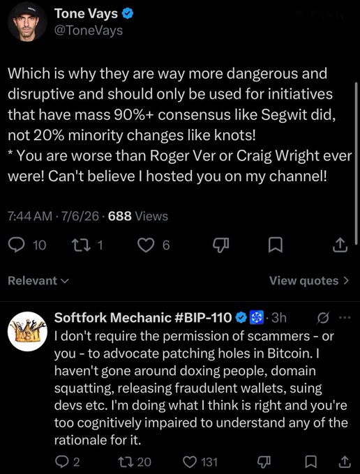 A screenshot of a Twitter exchange where Tone Vays (@ToneVays) calls soft forks "dangerous and disruptive" and says they should only be used for initiatives with "90%+" consensus, not minority changes like knots, while Softfork Mechanic (#BIP-110) fires back that they don't need "scammers" or Vays' permission to advocate for patching Bitcoin. The heated reply shows Softfork Mechanic's response receiving 131 likes versus Vays' original 6—visually confirming the 20:1 ratio referenced in the caption.