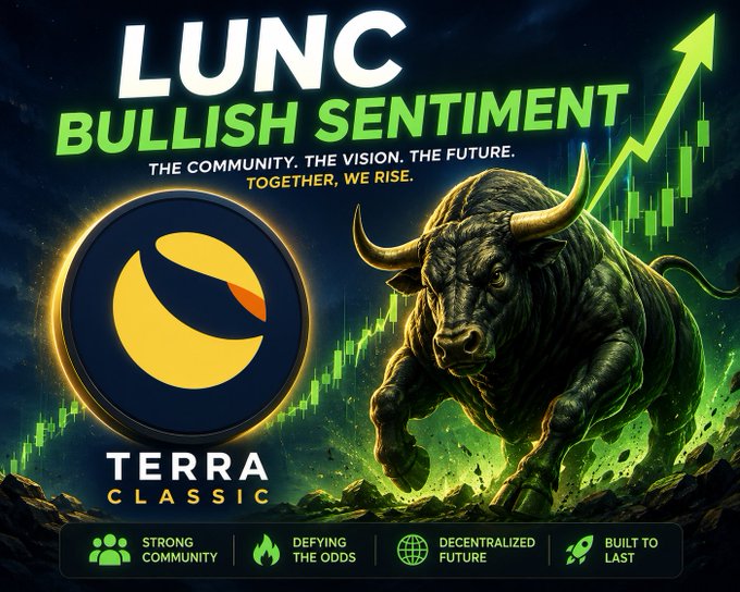 The image features a bull with horns, standing against a dark blue background that has a green gradient effect. The bull appears to be charging forward or running at full speed, while a green arrow points towards it from the top left corner of the image. In the bottom right corner of the image, there is text that reads "BREAKING NEWS $LUNC bullish sentiment is high asf". This suggests that the bull's charge could be interpreted as a positive sign for bullish sentiment in the market or economy.