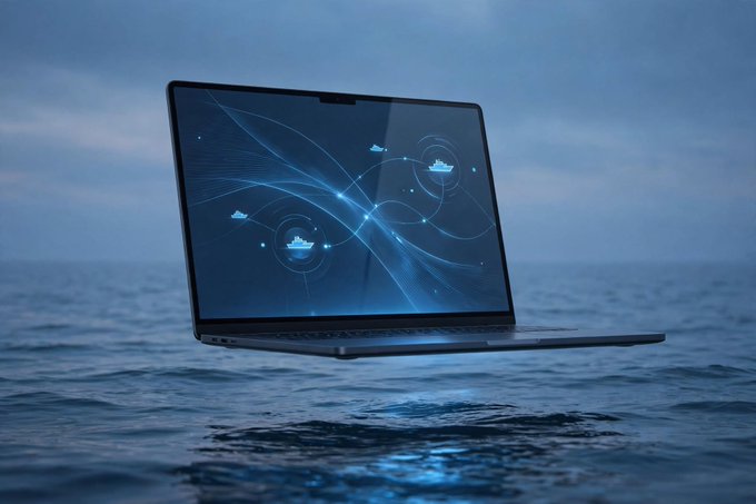 A sleek modern laptop floating above the ocean surface, displaying a digital network graphic with ships and connecting lines on its screen against a twilight sky.
