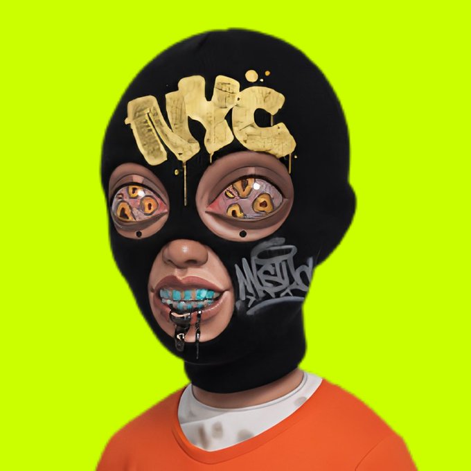A person wearing a black ski mask with "NYC" spray-painted in gold on the forehead, featuring visible eyes, teeth with turquoise grillz, and a lip ring, set against a neon green background, alongside graffiti-style tags. The image ties into the $THOOD crypto token listing on dexscreener, using the masked, urban aesthetic to evoke the street culture vibe of the meme coin.