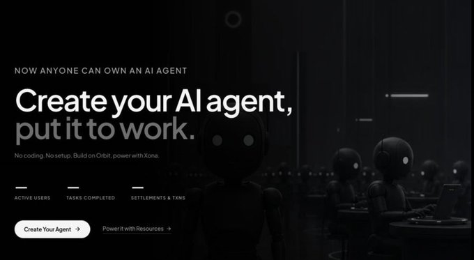 The image shows a webpage featuring a large graphic with a group of black robots facing left, accompanied by text that says "Now anyone can create your AI Agent" and "Put it to work", implying an AI agent-like service for creating, managing, and deploying artificial intelligence agents. The robot group is depicted as active and engaged in activities on the webpage, further emphasizing the AI nature of the service.