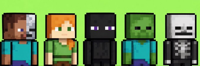 Five Minecraft character skins including Steve, Alex, an Enderman, a Zombie, and a Skeleton are displayed against a green background.