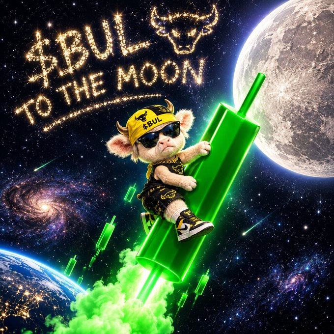 Digital artwork of a white dog dressed in '$BUL' branded clothing and sunglasses, riding a green rocket through space toward the moon, with 'BUL TO THE MOON' written in glowing letters.