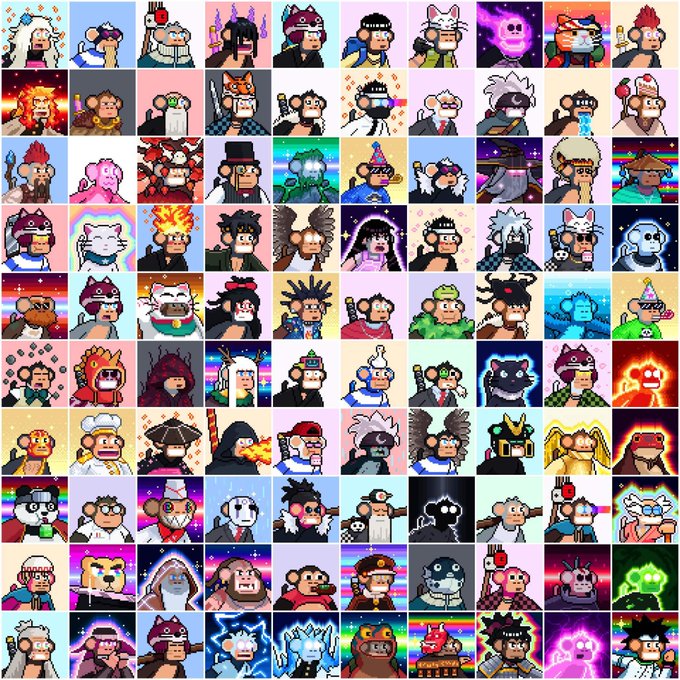A grid of 100 colorful pixel-art monkey NFT avatars, each featuring unique traits like hats, hairstyles, wings, and laser eyes, displayed in a 10x10 mosaic format that complements the post's showcase of Chimpers NFT collection by @mstrchimpo.