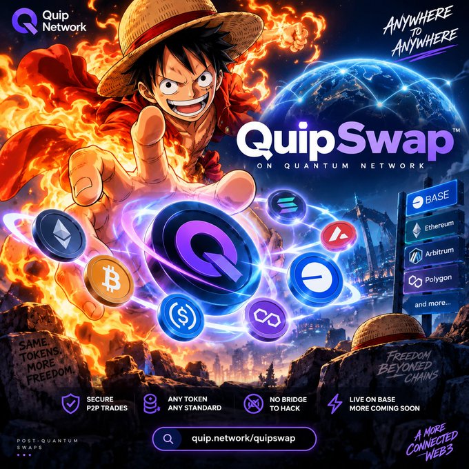 An advertisement for 'QuipSwap' on the Quantum Network features an anime-style character with a straw hat reaching forward, surrounded by cryptocurrency logos and a futuristic cityscape.