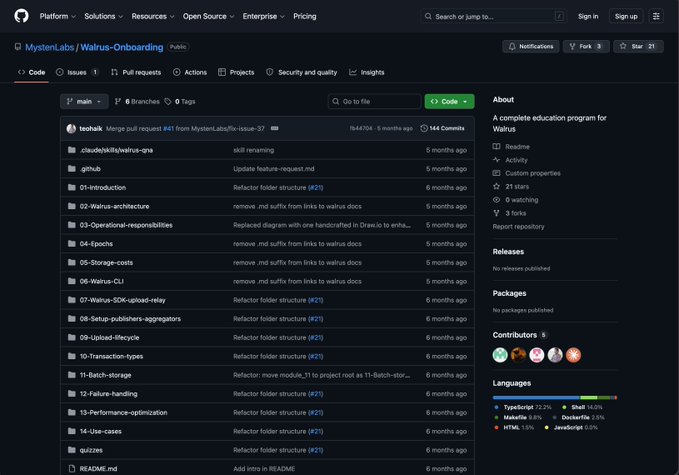 A GitHub repository page for 'MystenLabs/Walrus-Onboarding', a Walrus education program with 21 stars, showing a list of code branches and folders.