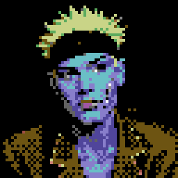 A pixel art portrait depicts a figure with spiky blonde hair and a blue-toned face wearing a brown jacket.