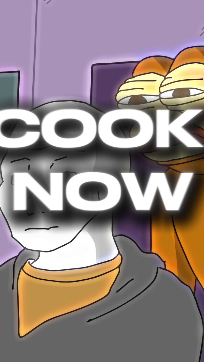 The image features an illustration of a man wearing a gray hoodie with an orange scarf around his neck. He has a serious expression as he looks directly at the camera. The background includes a purple wall, which contrasts with the man's outfit. In front of him is a sign that reads "cook now" and another sign that says "one wallet and a dream we miss you @_gas 404". This suggests that the image might be related to an advertisement or promotional material for a product or service.
