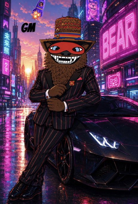 The image features a cartoon character wearing a suit, standing next to a black sports car with neon pink lights behind it. The character appears to be smiling or making a funny face while posing for the photo. The caption of the image includes the text "GM" and "$XRP", which might be related to an advertisement or promotion involving the character and the car.