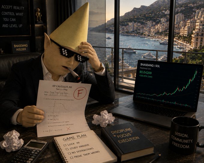 A figure wearing a pizza-shaped mask and "deal with it" sunglasses reviews an AP Calculus test (marked "F") next to a laptop showing $NASDANQ/SOL surging to $0.04369, surrounded by crumpled papers, a calculator, and a notebook labeled "DISCIPLINE FOCUS EXECUTION." The image satirizes abandoning academics for crypto trading, with motivational messages like "ACCEPT REALITY, CONTROL WHAT YOU CAN AND LEVEL UP" and a mug reading "VISION. COMMUNITY. FREEDOM." reinforcing the meme economy mindset over formal education.