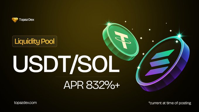The image features a banner with two coins, one green and one blue, and they are floating above each other. The text on the image reads "USDT/SOL pool", which indicates that this is an advertisement for the cryptocurrency USDT/SOL pool. The banner also displays the numbers 832% and 832.0% along with some text, suggesting that there might be a promotion going on or a special event happening in the pool.