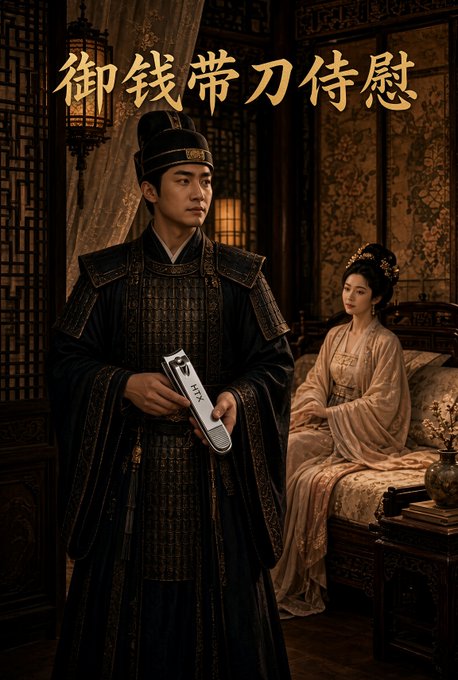 A traditional Chinese-style digital artwork showing a man in dark official robes holding a smartphone alongside a woman in flowing robes, with Chinese characters reading '御钱带刀侍卫' at the top.