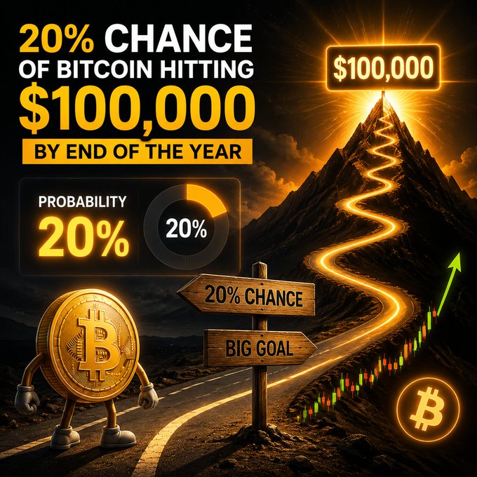 A Bitcoin-themed graphic predicting '20% CHANCE OF BITCOIN HITTING $100,000 BY END OF THE YEAR' with a glowing mountain path, a cartoon Bitcoin character, and candlestick charts.