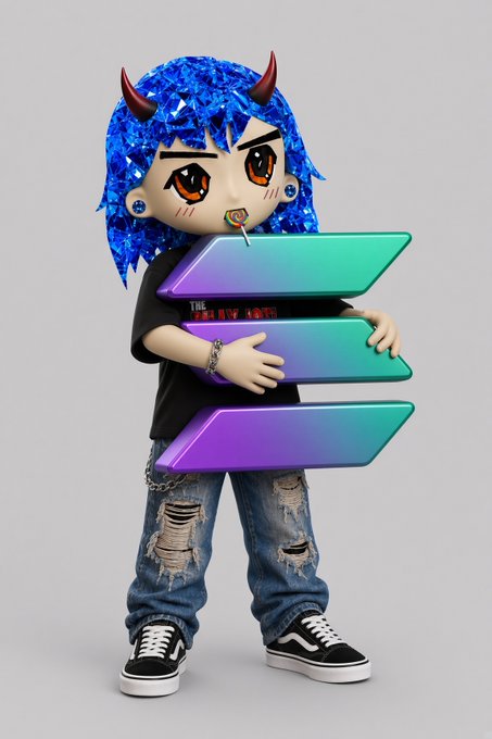 A stylized 3D cartoon character with bright blue sparkly hair, red devil horns, and a lollipop stands holding three glowing gradient arrow-shaped signs, wearing a black t-shirt reading "THE ONLY [text]" with ripped jeans and Vans sneakers—aligning with the post's playful "goodnight" message tagged to @solana.