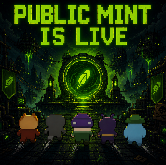 A pixel art promotional image with green 'PUBLIC MINT IS LIVE' text above five pixel characters facing a glowing green portal in a dark fantasy cityscape.