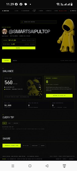A screenshot of a cryptocurrency tipping website displaying the profile "@SMARTSAIPULTOP" with a balance of 560 $MOTION tokens (valued at $0.56) and a lifetime rank showing 1,600 tips sent, 0 received, and 47,239 TRX spent, alongside a yellow hoodie mascot and an "ACTIVATE TELEGRAM BOT" prompt. The post appears to reference the $MOTION token platform shown in the image, where the user may have been interacting with the Telegram tipping bot despite internet connectivity issues.