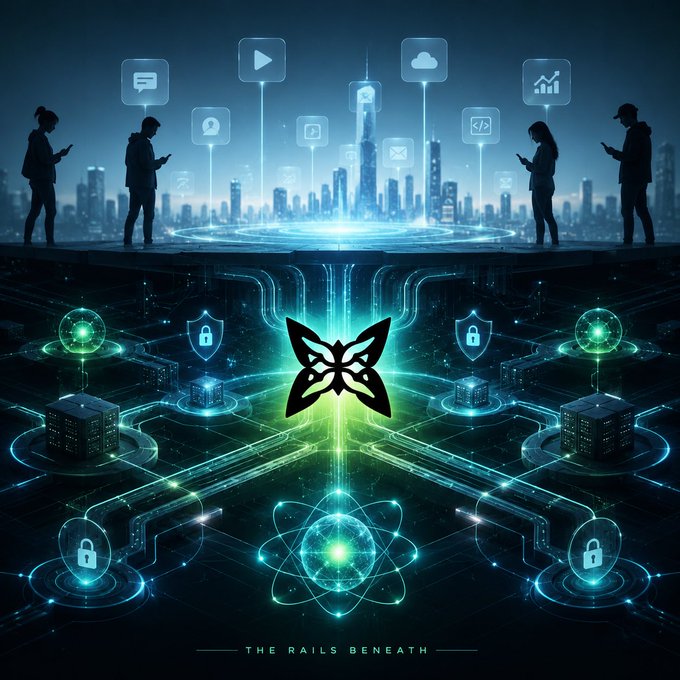 The image features an abstract representation of a cityscape with people standing at various points, some using their phones while others are looking up towards the sky. The city skyline includes skyscrapers and other buildings, creating a sense of depth and perspective. The phrase "The rails beneath" suggests that there is a connection between the city's infrastructure and the digital world depicted in the image. This could be interpreted as an exploration of how technology has become an integral part of our daily lives, even influencing aspects such as transportation and urban planning.