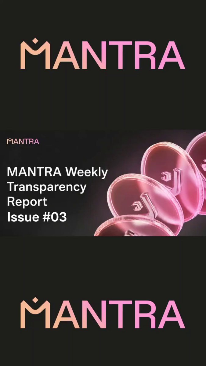 The image features a poster advertising the Mantra Weekly Transparency Report. The poster shows three pink circles stacked upon each other with a line connecting them, creating an illusion of time moving forward. Beneath this visual representation, there's text that provides information about the report and its relevance to the poster. The report is scheduled for release in August and currently has an estimated stake flow of 10M+ accounts on the chain, indicating high interest and engagement with the content being shared.