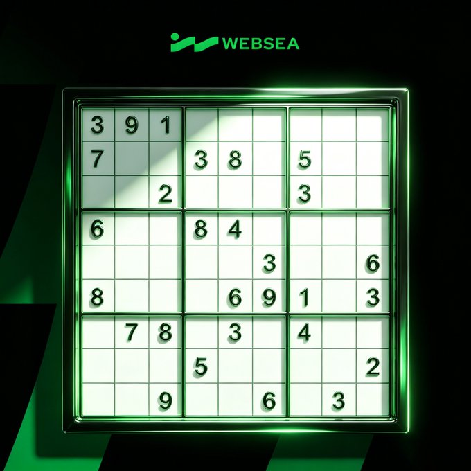 A glowing green Sudoku puzzle board featuring the "WEBSEA" logo and various scattered numbers (3, 9, 1, 7, 2, 8, 5, 6, 4) is displayed against a dark background, visually representing Websea's crypto futures trading challenge where 5 lucky solvers win 20 USDT in demo funds.