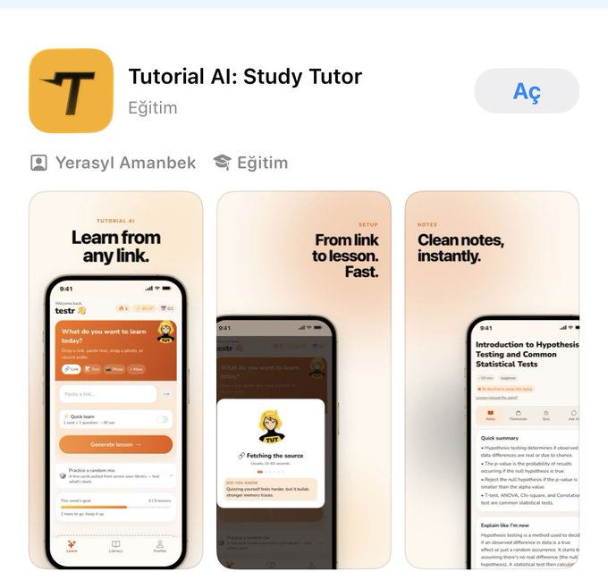 The image shows an advertisement for a learning app on the App Store called Tutorial AI. The advertisement features three different cell phone screens displaying information about the app, with various icons next to them suggesting the functionalities of the app. Below these screens are descriptions related to the app's purpose and benefits as well as a call-to-action button encouraging users to try the tutorial service.