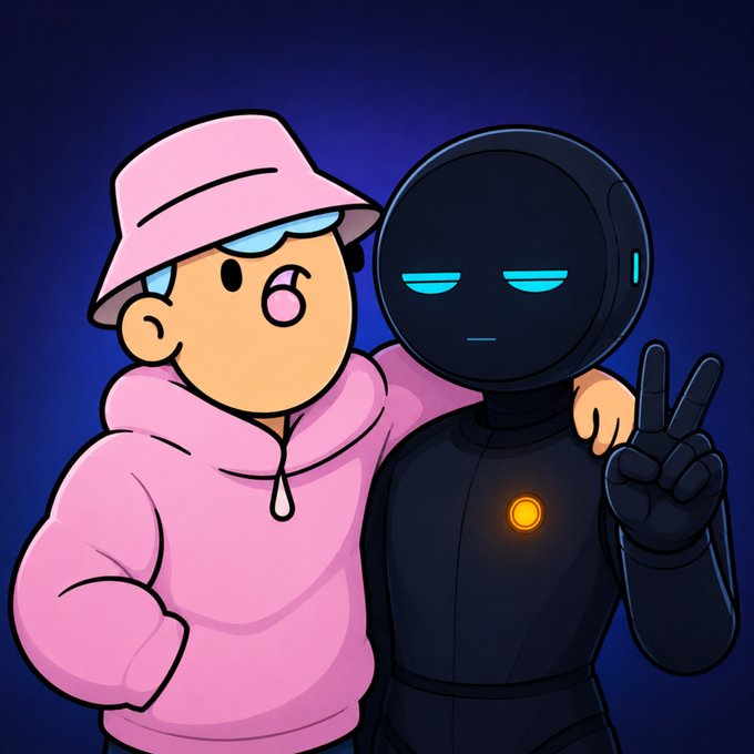 The image features two cartoon characters, a boy wearing a pink hat and a robot with blue eyes, standing next to each other against a dark background. The boy has his hand on the robot's shoulder, while the robot has its fist raised in a peace sign. There is also text that reads "drop $SOL for ?".