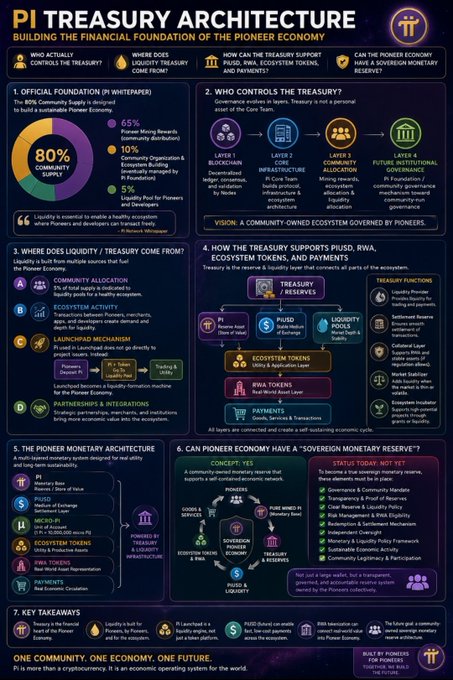 An infographic titled 'PI TREASURY ARCHITECTURE' detailing 'Building the Financial Foundation of the Pioneer Economy' with seven sections covering official foundations, treasury control, liquidity sources, and ecosystem tokens.