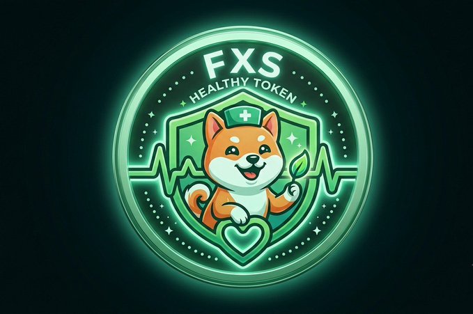 A neon green circular logo featuring a cartoon Shiba Inu wearing a medical cap, with the text 'FXS HEALTHY TOKEN' displayed above.