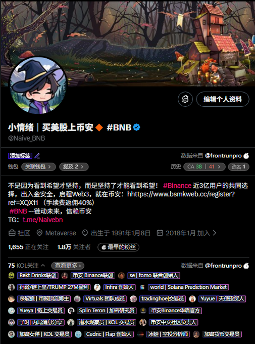 A social media profile for '@Naive_BNB' featuring an anime-style avatar, with text promoting Binance Web3, BNB, and listing over 75 KOL follows including Binance-linked accounts and crypto influencers.