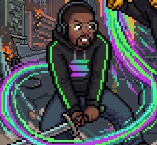 A pixel art illustration depicts a bearded man wearing a black and neon green hoodie sitting cross-legged, surrounded by swirling rainbow energy rings in a cyberpunk aesthetic.