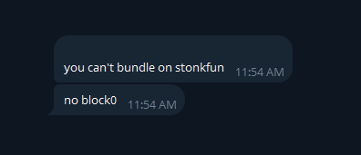 A screenshot of a chat conversation shows two messages: "you can't bundle on stonkfun" followed by "no block0", both timestamped at 11:54 AM. The post context "no block0" appears to be a response confirming that block0 (the genesis block) cannot be bundled on the stonkfun platform.