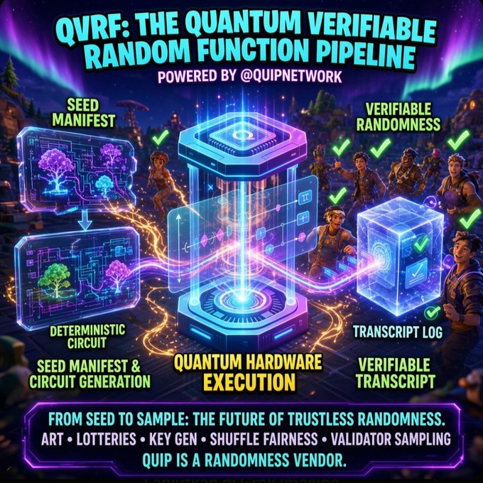 Infographic titled 'QVRF: THE QUANTUM VERIFIABLE RANDOM FUNCTION PIPELINE POWERED BY @QUIPNETWORK' showing stages including Seed Manifest, Quantum Hardware Execution, and Verifiable Transcript.