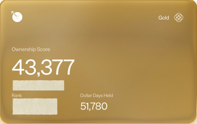 A gold-colored membership card displaying Ownership Score 43,377, Dollar Days Held 51,780, and 'Gold' tier status.
