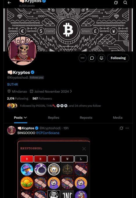 A Twitter/X profile for 'Kryptos' (@Kryptoshodl) shows a crypto-themed banner and posts about 'BINGOOOOO @CFConSolana'.
