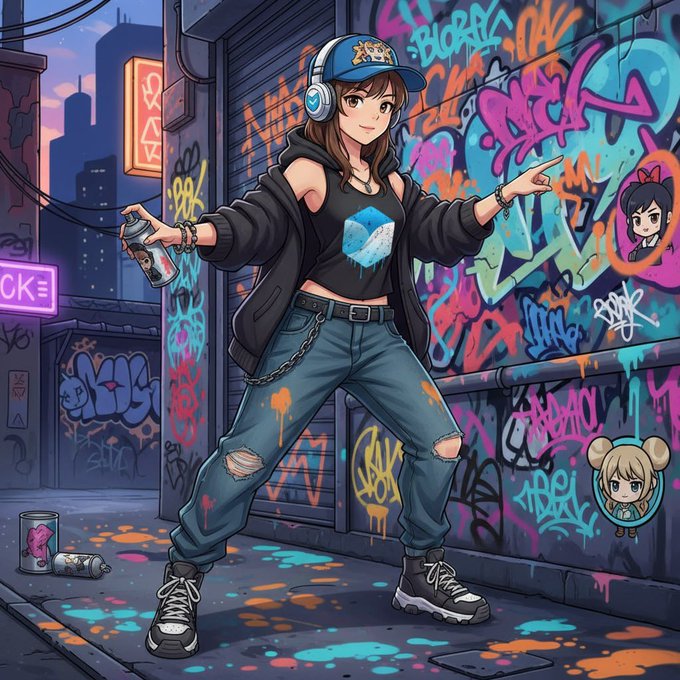 An anime-style street artist in a black hoodie, ripped jeans, and headphones holds a spray paint can while pointing confidently in front of a vibrant graffiti-covered wall featuring tags like "BURR" and "CK," with discarded paint cans and small chibi characters scattered around—visually evoking the post's theme of TermMaxFi marking its territory by deploying TermPrime and running a live validator on Canton, much like a graffiti artist boldly claiming a new urban canvas.