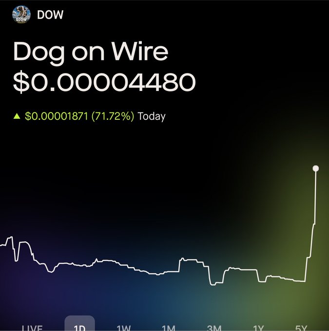 A mobile screenshot shows a Robinhood-style chart for the token "Dog on Wire" (DOW) priced at $0.000004480, up 71.72% ($0.00001871) on the day, with the price line remaining flat before spiking sharply upward on the 1D view.