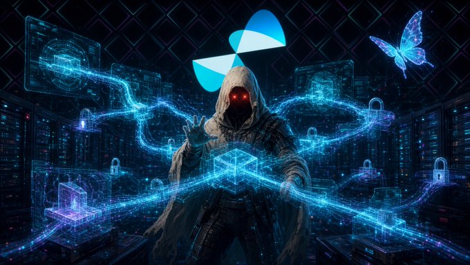 A stylized digital illustration of a hooded figure with glowing red eyes controlling glowing blue digital lines and server racks, with a blue butterfly and a propeller-like logo floating above, set against a dark background.