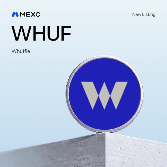 A promotional graphic announces the new listing of WHUF (Whuffie) on MEXC, featuring a 3D-style blue coin with a stylized white "W" logo perched on a gray block. The image aligns with the announcement of $WHUF/USDT trading beginning in the Assessment Zone on October 8, 2026 at 15:03 UTC.
